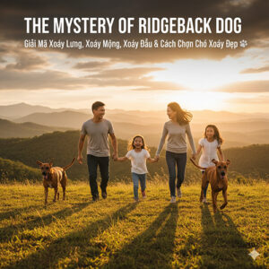 Gia đình dắt hai chú chó xoáy dạo chơi trên đồi hoàng hôn, minh họa bài viết giải mã xoáy lưng, xoáy mông, xoáy đầu và cách chọn chó xoáy đẹp 🐾