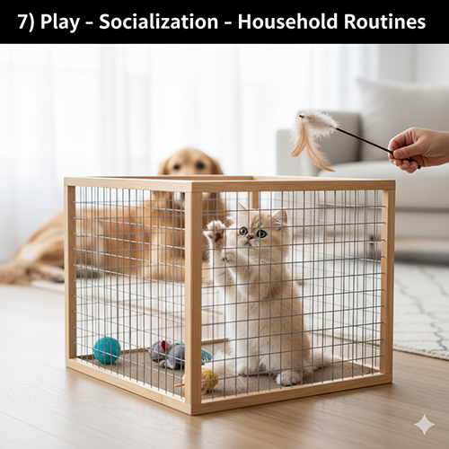 Mèo Ba Tư con chơi trong playpen với đồ chơi và đang được xã hội hóa an toàn trong nhà