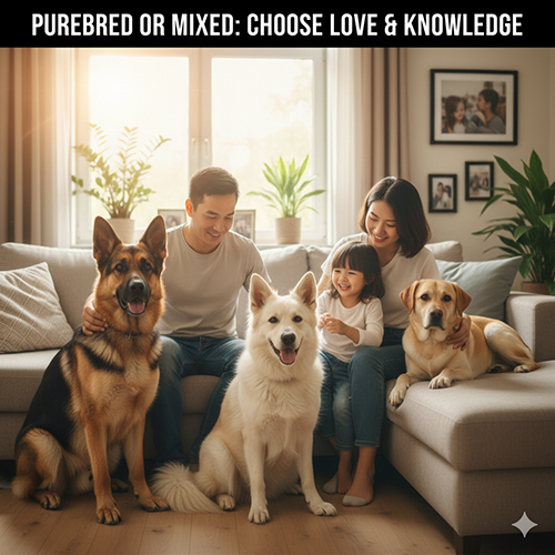 Gia đình quây quần bên chó Becgie thuần và chó lai, thể hiện lựa chọn nuôi chó dựa trên hiểu biết và sự phù hợp