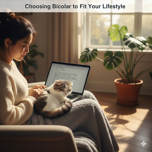 co gai lam viec tren laptop ben cua so, meo scottish fold bicolor nam tren chan, anh sang tu nhien trong phong khach