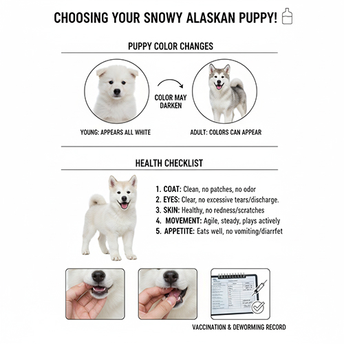 Hướng dẫn chọn chó Alaska trắng con với tiêu chí màu lông và sức khỏe cơ bản
