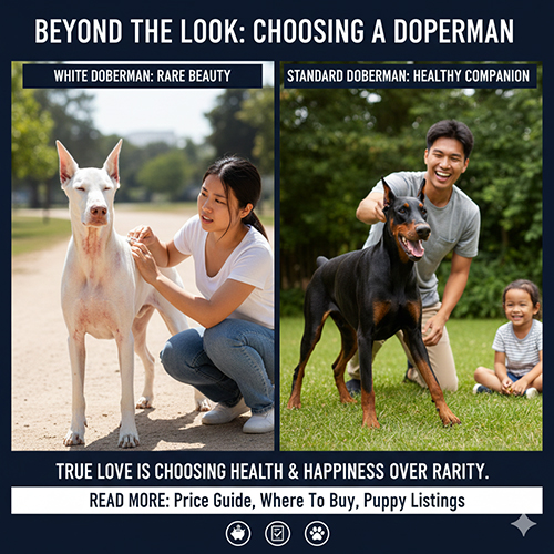 So sánh Doberman trắng và Doberman màu chuẩn trong đời sống gia đình, nhấn mạnh lựa chọn sức khỏe thay vì màu hiếm
