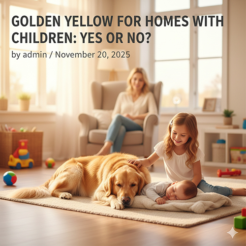 Chó Golden Retriever vàng nằm cạnh em bé và bé gái trong phòng chơi, người mẹ quan sát từ phía sau – khung cảnh an toàn và ấm áp