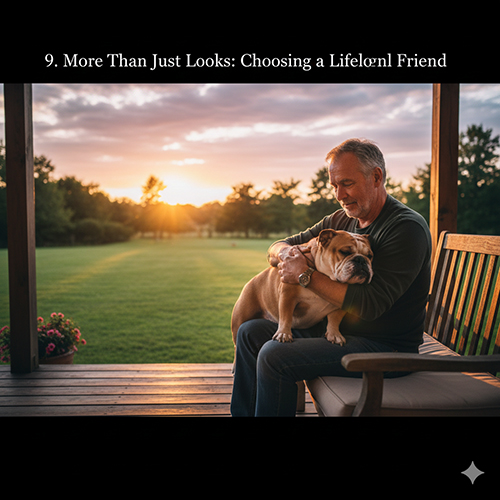 Người lớn tuổi ngồi cùng chó mặt xệ to mập hiền trong sân vườn