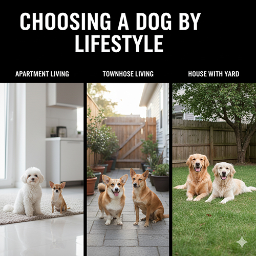 Ba nhóm chó minh họa cho các kiểu sống: chó nhỏ trong căn hộ, chó cỡ trung ở nhà phố, và chó lớn trong nhà có sân vườn