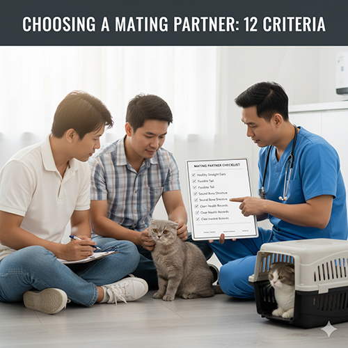 Bác sĩ thú y hướng dẫn hai người đàn ông kiểm tra sức khỏe mèo trước khi phối giống, với bảng checklist 12 tiêu chí lựa chọn đối tác phối