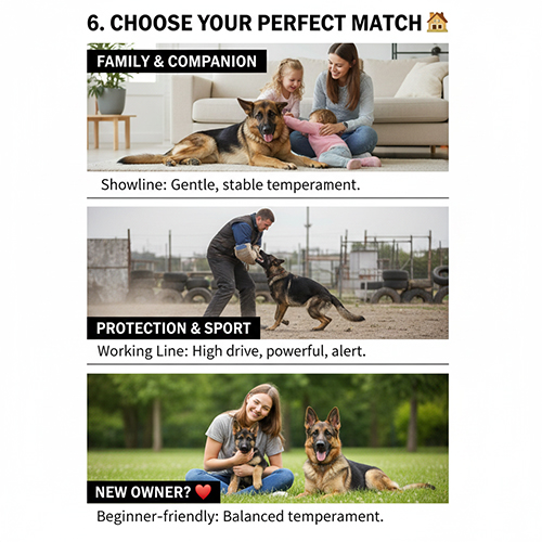 Gợi ý chọn dòng Becgie theo nhu cầu: showline cho gia đình, working line cho bảo vệ – thể thao, dòng cân bằng cho người mới