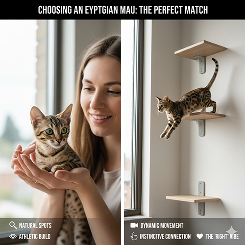 Chọn mèo Egyptian Mau với đốm tự nhiên, dáng vận động nhanh và ánh mắt xanh lục đặc trưng
