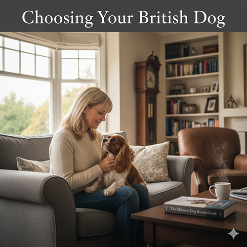 Người phụ nữ ngồi trên ghế sofa trong phòng khách ấm cúng, vuốt ve chú chó Cavalier King Charles Spaniel