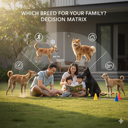 Gia đình Việt ngồi đọc sách cùng bốn giống chó bản địa – Phú Quốc, Bắc Hà, H’Mông Cộc và Lài Sông Mã – minh họa ma trận chọn giống phù hợp với từng môi trường sống 🇻🇳🐕