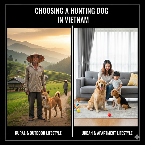 Ảnh so sánh hai lựa chọn nuôi chó săn tại Việt Nam: chó bản địa ở vùng nông thôn và chó săn ngoại trong căn hộ thành phố