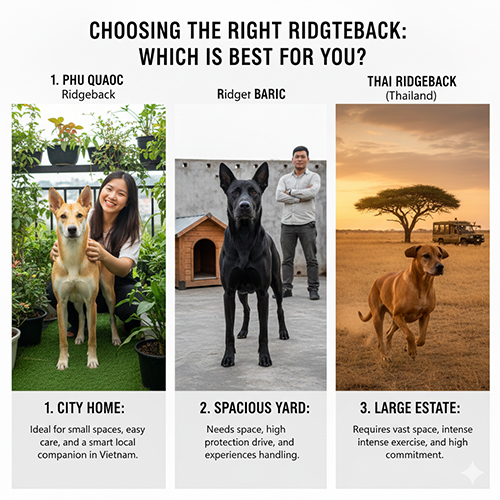 Gợi ý chọn giữa chó Phú Quốc, chó xoáy Thái và Rhodesian Ridgeback tùy theo không gian và nhu cầu nuôi