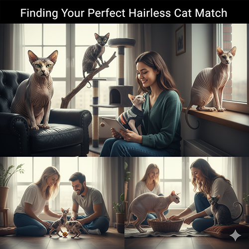Nhiều giống mèo không lông như Sphynx, Donskoy, Peterbald, Bambino, Minskin, Elf, Levkoy và Lykoi trong các bối cảnh gia đình