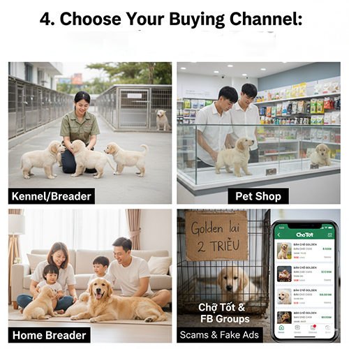 Hình minh họa các kênh phổ biến khi mua chó Golden Retriever: trại chó, pet shop, người nuôi đẻ tại nhà và Chợ Tốt, group Facebook với cảnh báo lừa đảo