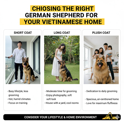 Ba kiểu lông Becgie đặt cạnh nhau cùng gợi ý chọn theo lối sống gia đình Việt: lông ngắn, lông dài và lông xù