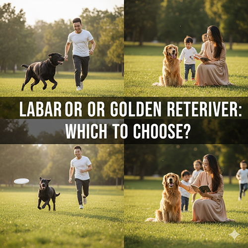 Ảnh so sánh Labrador và Golden Retriever trong công viên cùng gia đình