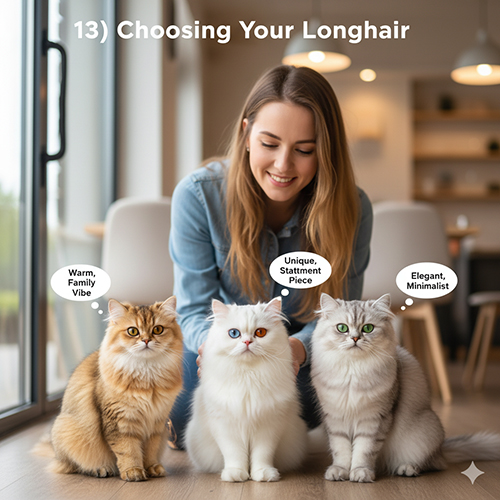 Ba mèo Ba Tư lông dài với ba vibe khác nhau ngồi trước mặt một cô gái đang chọn mèo, gồm golden, trắng odd-eye và silver