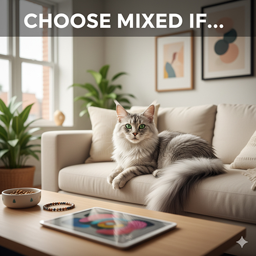 Mèo Maine Coon lai màu silver nằm trên sofa trong phòng khách sáng, minh họa gợi ý khi nào nên chọn Maine Coon lai.