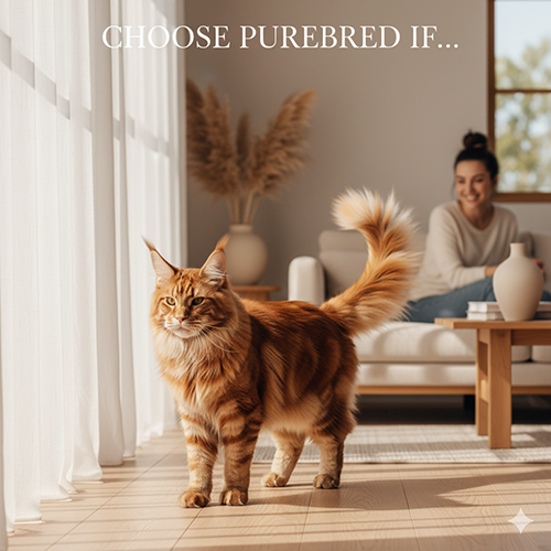 Mèo Maine Coon thuần chủng màu cam bước trong phòng khách sáng, minh họa gợi ý khi nào nên chọn Maine Coon thuần chủng.