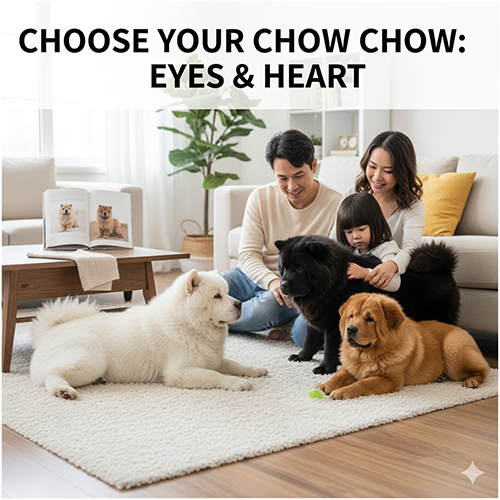 Gia đình quây quần bên những chú chó Chow Chow trắng, đen và đỏ trong phòng khách