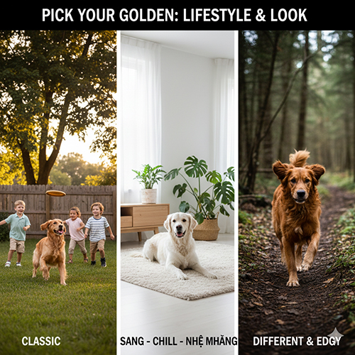 Ảnh ghép ba chú chó Golden Retriever với ba bối cảnh khác nhau: chơi với trẻ em ngoài sân, nằm chill trong phòng khách sáng màu và chạy trên đường rừng.