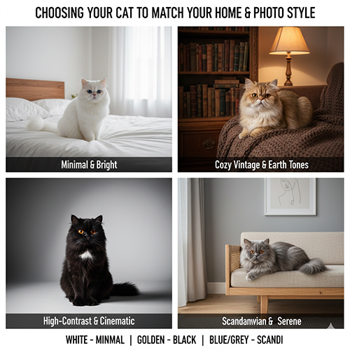 Gợi ý chọn màu mèo Ba Tư theo phong cách nhà và style chụp ảnh: white, golden, black, blue/gray