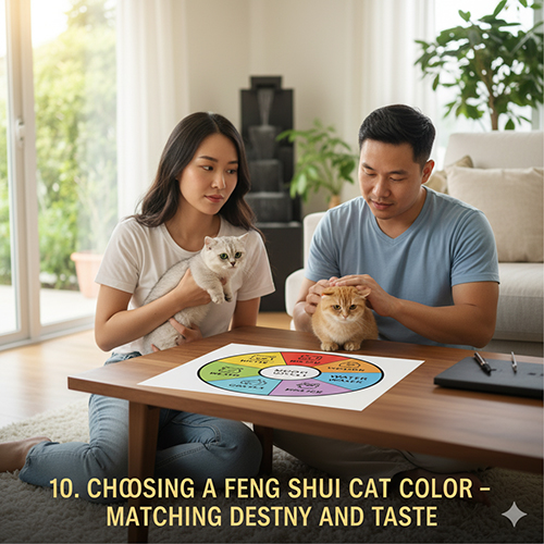 Cặp đôi xem bảng ngũ hành phong thủy trên bàn, ôm hai mèo Munchkin màu silver và golden trong phòng sáng tự nhiên.