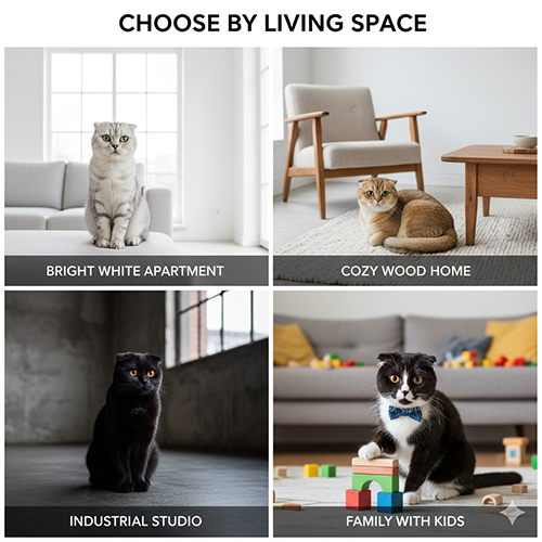 Bốn mèo Scottish Fold với màu khác nhau (trắng, golden, đen, bicolor) trong các không gian sống: căn hộ sáng trắng, nhà gỗ ấm, studio tối, gia đình có trẻ nhỏ.