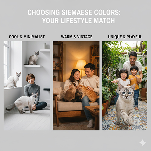 Ba khung ảnh minh họa các phong cách chọn màu mèo Xiêm: nhà tông lạnh tối giản, nhà ấm vintage và gia đình vui tươi với mèo lynx point