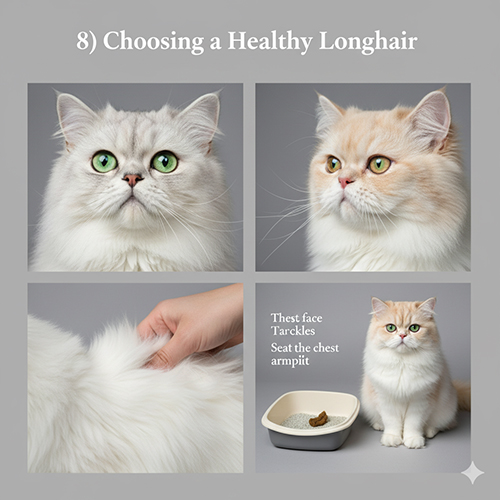 Bộ ảnh mèo Ba Tư lông dài gồm cận mặt, kiểm tra lông và bé đứng cạnh khay vệ sinh để minh họa cách chọn mèo khỏe