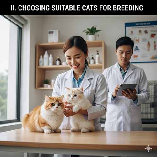 Bác sĩ thú y kiểm tra hai mèo Munchkin trên bàn khám, minh họa tiêu chí chọn mèo đực và mèo cái để phối giống an toàn.