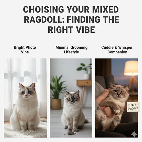 Ảnh minh họa ba vibe của mèo Ragdoll lai: sáng – dễ chụp, coat ngắn dễ chăm và kiểu thích ôm ngủ