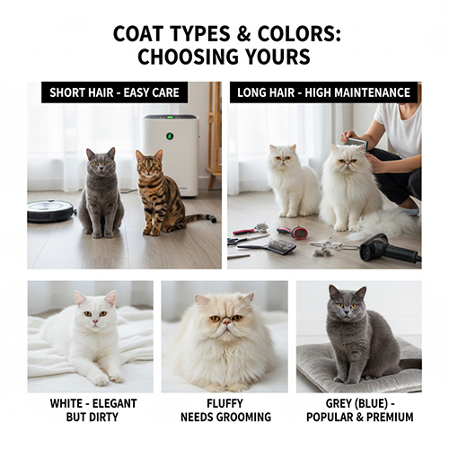 So sánh mèo Tây lông ngắn và lông dài theo màu trắng, xù và xám blue