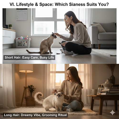 Cô gái tương tác với mèo Xiêm lông ngắn và lông dài trong hai không gian sống khác nhau, thể hiện sự lựa chọn giữa phong cách bận rộn và vibe thư giãn
