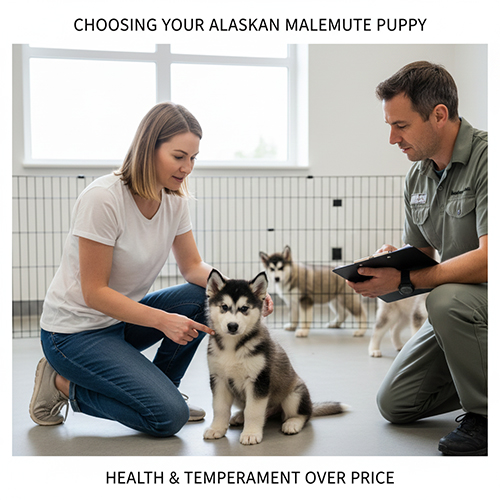 Người mua đang xem và kiểm tra chó Alaska Malamute con đen trắng trong môi trường nuôi sạch sẽ