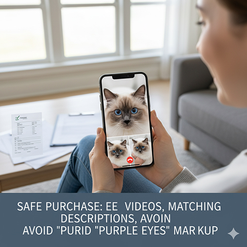 Người mua xem video cận mắt mèo Ragdoll trên điện thoại để kiểm tra màu mắt thật và pattern