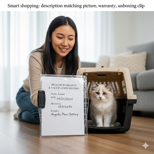 Người mua kiểm tra bé mèo Ragdoll con cùng bộ hồ sơ tiêm và bảo hành khi mở lồng bàn giao