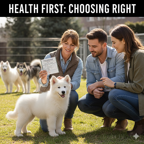 Gia đình xem hồ sơ sức khỏe khi chọn mua Samoyed lai Alaska