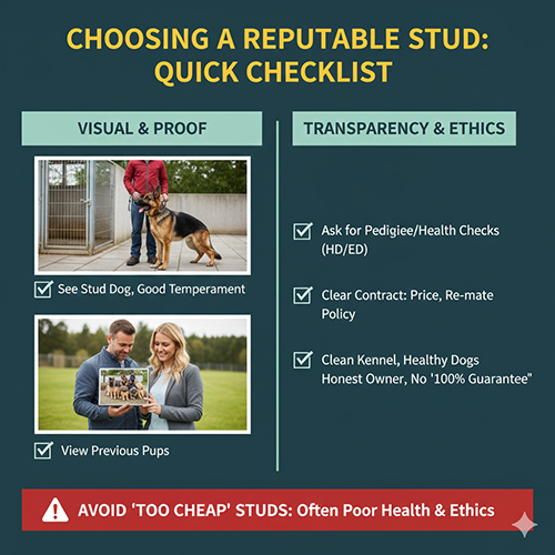 Ảnh checklist chọn nơi phối giống chó Becgie uy tín, gồm kiểm tra đực giống, xem đàn con trước đó và đánh giá sự minh bạch của chủ trại.