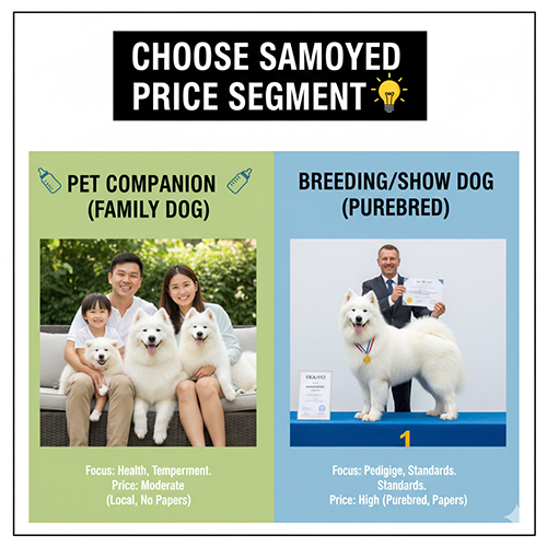 Chọn phân khúc giá chó Samoyed dựa trên nhu cầu: thú cưng gia đình hoặc thuần chủng làm giống