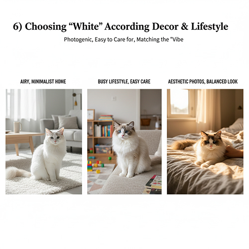 Ba mèo Ragdoll với mức độ trắng khác nhau, minh họa cách chọn pattern phù hợp với décor và lối sống trong nhà.