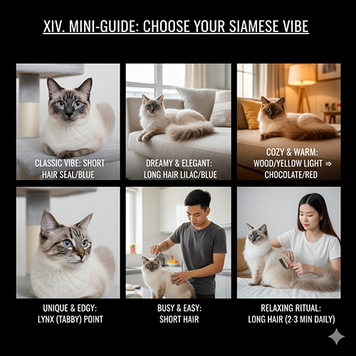 Bộ ảnh mini-guide chọn mèo Xiêm theo gu, minh họa các vibe như classic, dreamy, cozy, unique và lifestyle bận rộn hoặc thư giãn