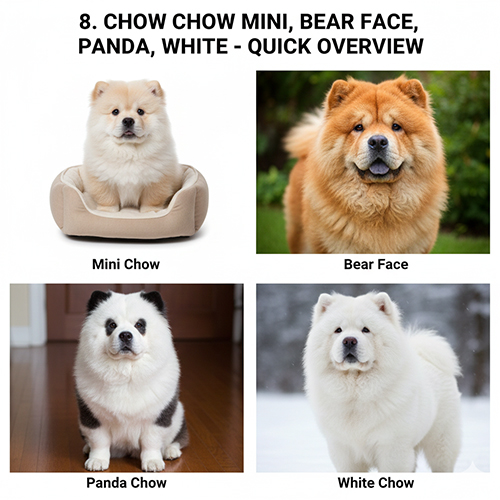 Bốn kiểu Chow Chow phổ biến gồm Chow mini, Chow mặt gấu, Chow gấu trúc và Chow trắng trong cùng một khung hình