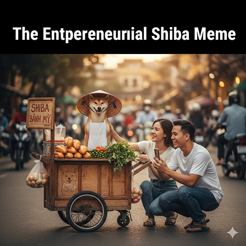Chú chó Shiba Inu đứng bán bánh mì bên xe đẩy, hình ảnh meme Shiba bán hàng vui nhộn