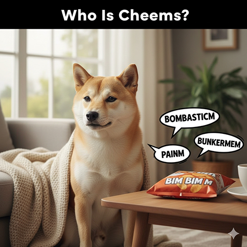 Chú chó Shiba Inu Cheems ngồi trong phòng khách với biểu cảm buồn cười đặc trưng của meme