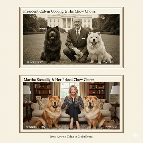 Hai hình minh họa những nhân vật nổi tiếng bên cạnh các chú chó Chow Chow trong bối cảnh Nhà Trắng và phòng khách sang trọng