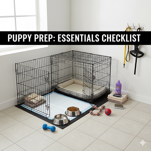 góc chuồng và khu vực chuẩn bị cho chó con với khung quây, đệm nằm, bát ăn uống, đồ chơi và vật dụng chăm sóc cơ bản