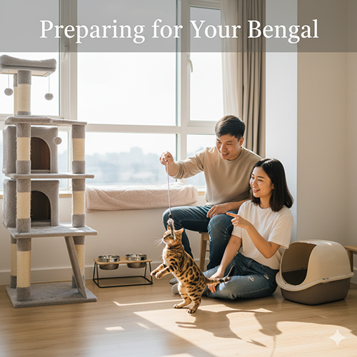 Cặp đôi trẻ chuẩn bị không gian trong căn hộ cho mèo Bengal, có cây leo, khay cát và đồ chơi.