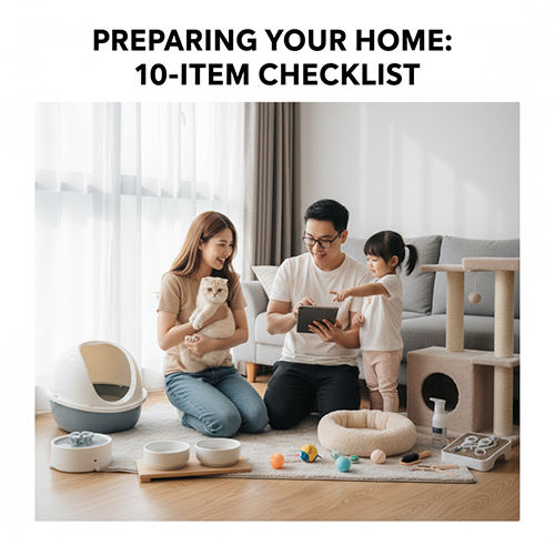 Gia đình chuẩn bị không gian sống với các vật dụng cơ bản cho mèo cưng như khay cát, bát ăn, giường ngủ và đồ chơi.