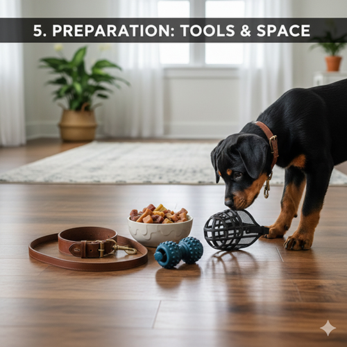 Dụng cụ huấn luyện chó Rottweiler gồm dây dắt, đồ thưởng và đồ chơi trong không gian trong nhà